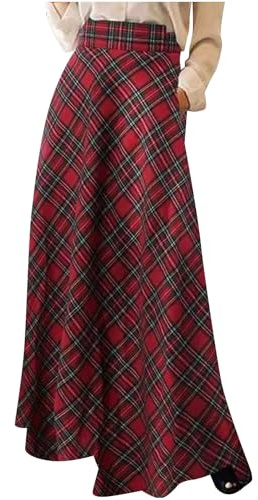 ABLYTMIAQ Winter Skirt for Women UK Pleated Midi Wool Blend Plaid Long Skirts A-Line Maxi Skirt with Pocket High Elastic Waisted Flowy Tartan Skirt Casual Going Out Plus Size Red