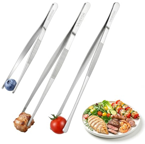 WISYOK Kochpinzette 3 Stück, 30 cm und 20 cm Küchenpinzette Edelstahl, Spitze und Runde Kochzange, Profi-Grillpinzette zum Kochen, Grillen, Braten, Backen, Anrichten und Dekorieren (Silber)