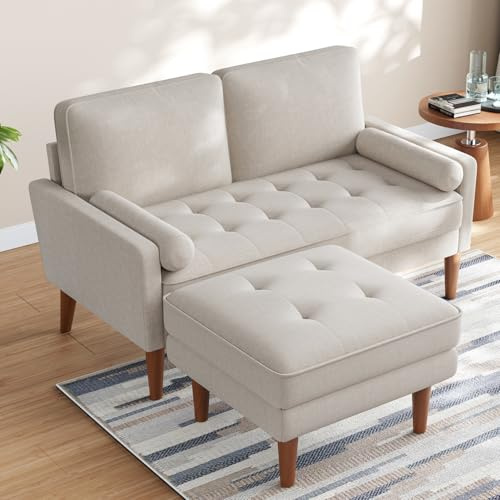 Vesgantti Small 2 Seater Sofa with Ottoman, Comfy Couch with Spring Cushion, Linen Sofa with Wood Legs, Modern Love Seat Sofa 2 Seater for Living Room, Small Couch for Bedroom, Ashbeige Office Couch