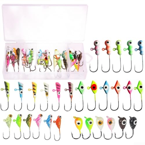 Lot de 30 hameçons de pêche avec têtes plombées lestées pour pêche sur glace et eau salée, leurres colorés pour bateau et pêche en eau douce