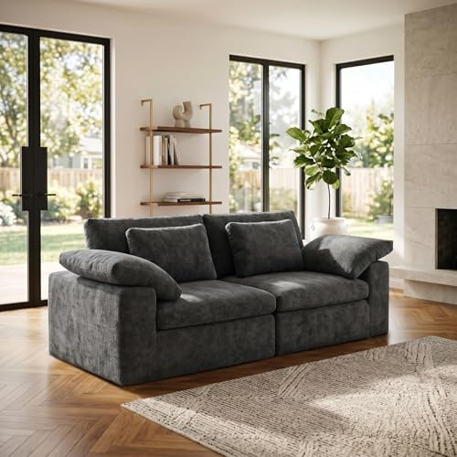 Besbed 2 Seater Sofa,Couch with Thicken Cushions and 2 Pillows, Double Seat Small Chenille Sofa for Living Room/Bedroom, Grey, 220x99.8x79.8 cm (No Assembly Required