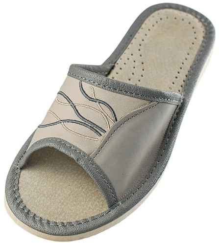 APREGGIO - Zapatillas de Estar por Casa para Mujer en Piel Lisa - Pantuflas Puntera Abierta - Sin Cordones - Hechas a Mano - Suela de cuña Ligera - Gris - Talla 37 EU