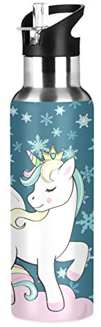 Vnurnrn Mignon Bébé Cadeau Cheval Licorne Bouteille d'eau Isotherme avec Paille en Acier Inoxydable Gourde 600ML, Sans Bpa Gourdes Eau pour Enfant Sport Randonnée École Bureau