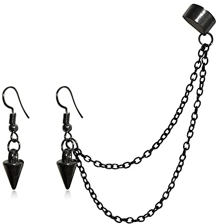 ANDPAI Unique Lightweight Black Silver Punk Long Tassel Chain Ear Cuff Earrings 316L Stainless Steel Vintage Barrel Nails Crawler Climer Dangle Drop Stud Earrings for Men Women Unisex (Black)