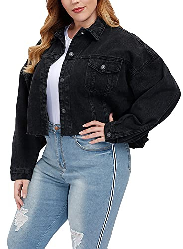 YAOTT Giacca Jeans Denim Donna Corta Slim Denim Trucker Giacchetto Basic Giubbino Tessuto Denim Giubbotto Denim Manica Lunga Cowboy Corta Blazer,Nero,M