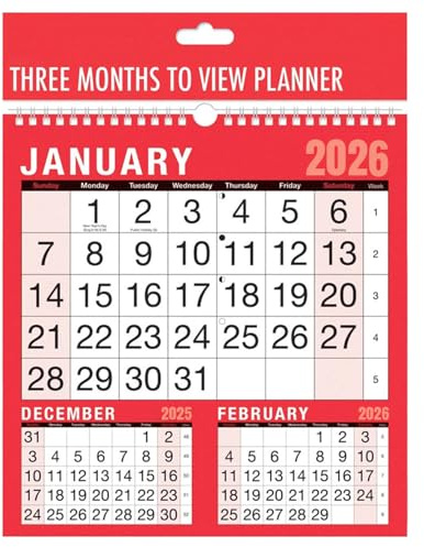 VR Angel 2026 Wall Calendar Three Month to View Planner, Monthly Spiral Bound Calendar for Home Business Office School - 60 gsm paper (Three Month to View Planner)