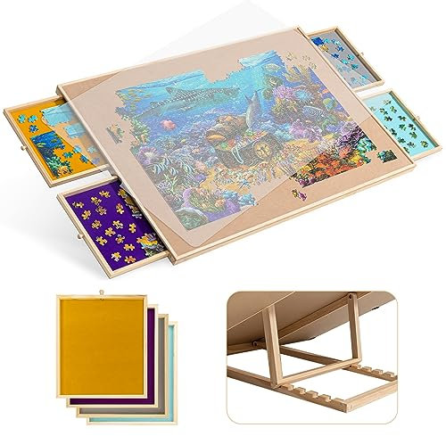 Becko US 1500-Pc Tilting Puzzle Board with 4 Colorful Drawers & Cover, Adjustable Jigsaw Puzzle Table with Built-in Easel/Stand, Portable Tables with Storage for Adults, with Premium Flannel Tabletop