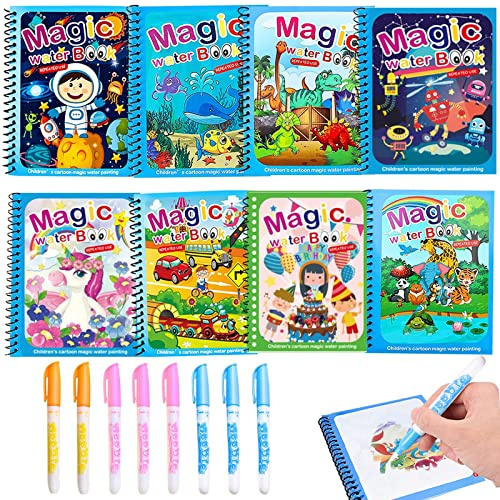 8 Pièces Livre de Coloriage, Peinture Magique a L'eau à Enfant, Magic Water Book Réutilisable Avec Stylo Doodle Planche Livres D'eau Griffonner Jouets L'eau Magique Conseil Peinture Enfants Dessin