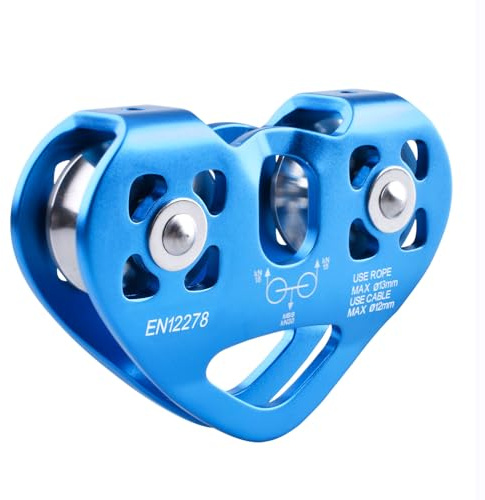 Azarxis Polea Doble Bloque de Polea Rodillo Tandem Pulley 30KN con Rodamiento de Bolas Rueda de Remolque Aleación de Aluminio para Escalada y Rescate (Azul)