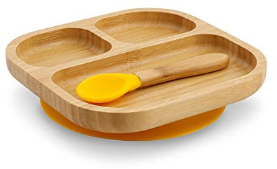 GREENBOX Juego de platos cuadrados de bambú, plato con ventosa con cuchara, certificado FSC, juego de cuencos de madera de bambú para niños pequeños, plato y cuenco para aperitivos, vajilla de bambú