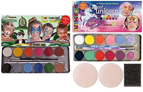Eulenspiegel 212226 - Metall-Palette Karneval der Tiere & 212264 - Schminkpalette Sweet Unicorn, vegan, Einhorn, Schminkset, Kinderschminken, Karneval, Fasching