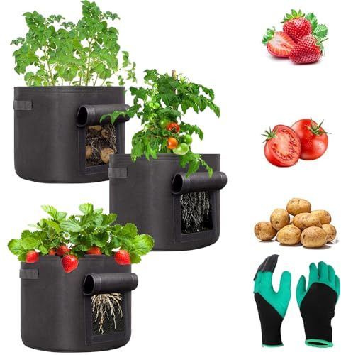 Huanmin Bolsa de Plantas, Bolsa Cultivo Patatas 4 Piezas Bolsa Cultivo 40L Saco Cultivo 7 Galonesbolsa Plantar Patatas para Patatas, Tomate, Fresas, Zanahoria y Otras Verduras.