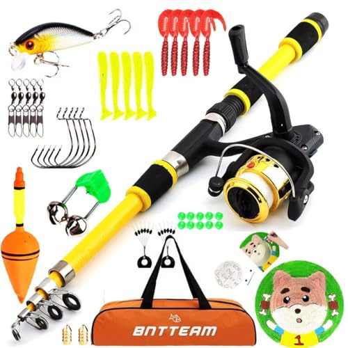 BNTTEAM Lot de 6 cannes à pêche filantes avec 99 % carbone télescopique rétractable ultra léger 1,8 m 2,1 m 2,4 m 3,0 m 3,6 m avec moulinet 12BB Fising Leurres hameçons Flotteur (jaune complet, 1,8 m)