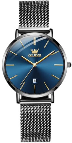 OLEVS Uhr Damen Klassisches Schwarz Mesh Edelstahlband Uhr mit Datum Blau Ultra Slim Minimalismus Großes Zifferblatt Armbanduhr Damen Wasserdicht Runden Analoger Quarz Damenuhr