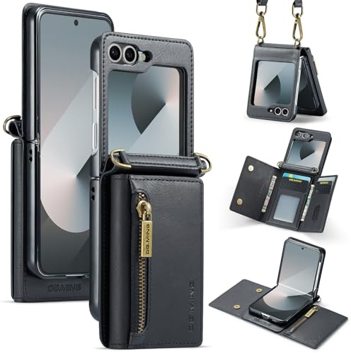 Mxinxiu Étui Portefeuille pour Samsung Galaxy Z Flip 5, étui en Cuir de qualité supérieure avec Fermeture éclair et Sangle d'épaule détachable et Boucle