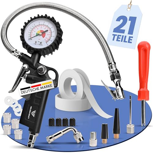 HELDENKRAFT® Reifendruckprüfer & Reifenfüller [0-12 bar] - 22-tlg. Manometer-Set zum Messen, Füllen & Ablassen von Druckluft inkl. Adapter & Zubehör [Auto, Motorrad, Fahrrad, LKW]