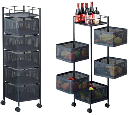 Creperture Carrito de Almacenamiento de 5 Niveles para Cocina, Estante de Verduras Giratorio de 360°, Carrito de Cocina con Ruedas, Estante de Almacenamiento de Acero al Carbono, Cesta de Frutas,Negro