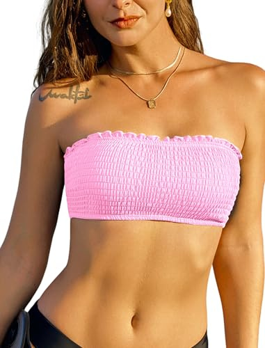 ZAFUL Women Strapless Bandeau Bikini Top Ruffle Lace up Swimsuit Solid Color Bathing Suits Tube Top Only 0-1Pink M