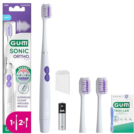 GUM Sonic Ortho Battery Powered Sonic Electric Toothbrush | Designed for Brace wearers | Gentle on Teeth and Gums | X1 Brush, X2 Replacement Heads, X1 Battery AAA, 1x Sample | White
