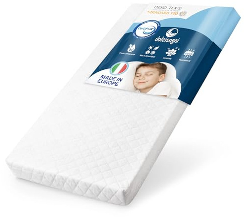 DOLCI SOGNI Materasso Bambini 80x190 - Materasso Letto Singolo - 12cm Schiuma Traspirante H2, Fodera Anallergica, Certificato Oeko Tex e CertiPur, Antiacaro, Durevole - Made in Italy