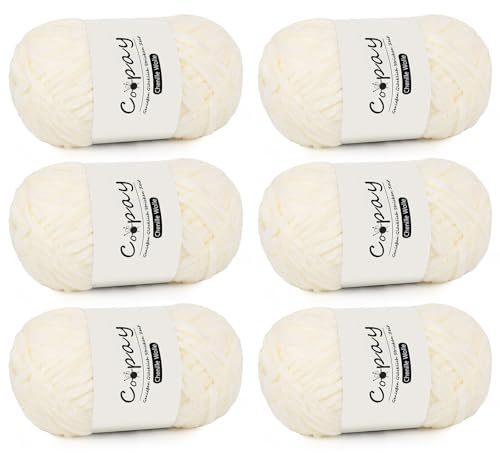 Coopay Lana de chenilla para ganchillo, 6 x 100 g, suave y aterciopelada, lana gruesa para tejer, lana de felpa cálida para ganchillo, para mantas, bufandas, gorros, color crema