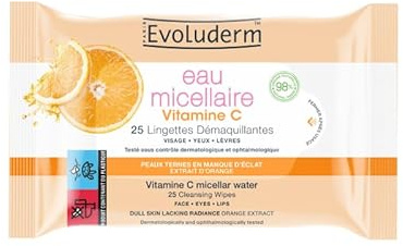 EVOLUDERM - 25 Micellar Water Vitamin C Cleansing Wipes - 98% Natural Ingredients - Vegan