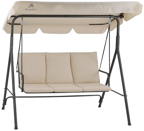 HinHocker Columpio Hollywood de 3 plazas con toldo | Beige | soporta hasta 250 kg | Hamaca oscilante, Banco columpio para exteriores | Columpio de jardín, Silla columpio | Columpio suave, Columpio de