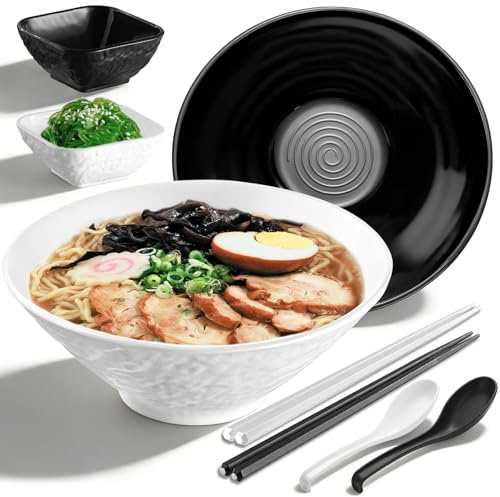 Kyraton Set de Bols à Ramen 1200ml : 2 Grands Bols de Soupe Indestructibles de Style Japonais avec Baguettes, Bols à Tremper et Cuillères pour Pho Asiatique, Miso, Udon (Noir, Blanc)