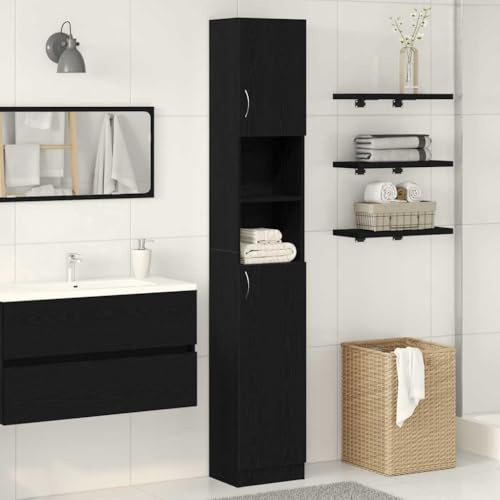 Ziaphsol Badrumsskåp, svart ekutseende, 32 x 25,5 x 190 cm, trämaterial, hållbart högskåp för badrum, praktisk Pedeal Sink Storage Cabinet