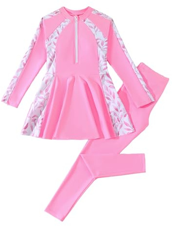 Odizli Burkini Swimwear for Girls Kids Modest Swimsuit Long Sleeve Tropical Print Zip Up Top + Swim Pants Full Body Muslim Islamic Swimming Costume Wetsuit Rash Guard Bathing Suit Pink 11 Years