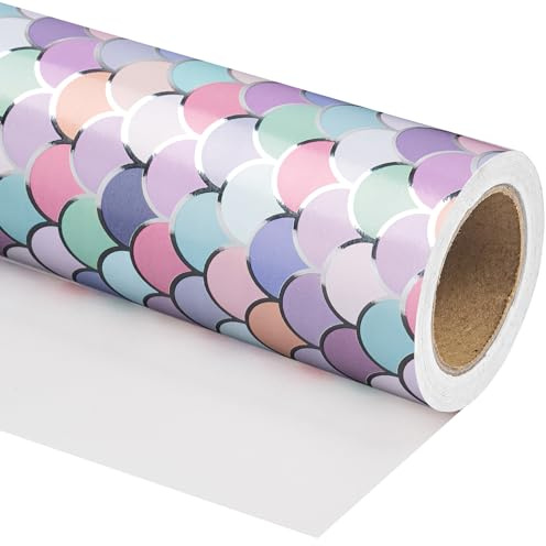 RUSPEPA Rotolo di Carta da Regalo a Tema Sirena – Mini Rotolo – 43,2 cm x 3 m – Carta da Regalo con Scaglie di Sirena Colorate e Design in Foil Argento, Per Compleanni di Ragazze, Compleanni Infantili