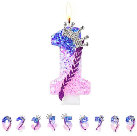 Floruvia 1 Vela Numérica de Cumpleaños, Vela de Pastel Brillante Número 1 con Diseño de Corona Trenzada en Lila y Rosa, para Decoración de Pasteles de Cumpleaños y Aniversarios