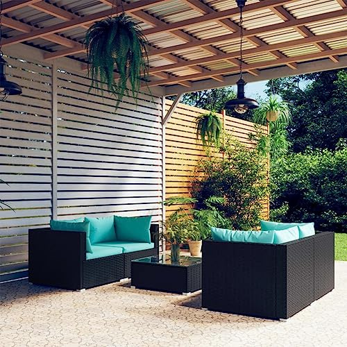 GeenYuu Salon de Jardin 5 pièces en résine tressée Noire avec Coussins Turquoise, Ensemble modulable pour terrasse Balcon Patio, mobilier extérieur Confortable avec Table Basse et Banquette Angle