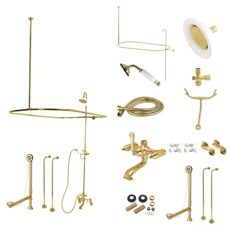 Kingston Brass CCK1142PX Vintage Clawfoot Tub Faucet Package with Shower Enclosure, Polished Brass