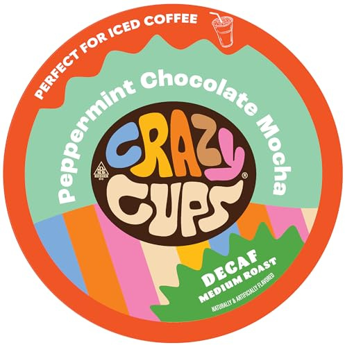 Crazy Cups Decaf Flavored Coffee Pods, Peppermint Chocolate Mocha, Decaffeinated Coffee for Keurig K Cups Machines, Hot or Iced Coffee, Decaf Coffee in Recyclable Pods, 22 Count (Pack of 1)