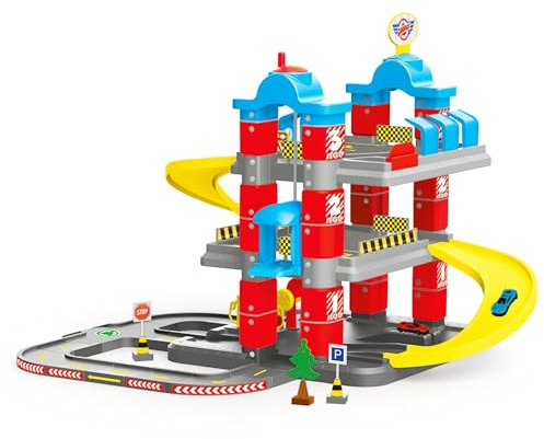 DOLU Full 3-Storey Car Park, Multi-Level Toy Garage Playset with Elevator, Ramps Track and 2 Metal Cars for Kids and Toddlers Ages 3+