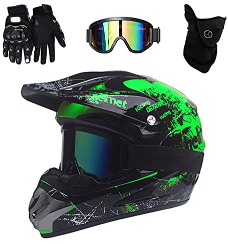 VOMI Mopedhelm Motocross Helm Herren, Serie HM-718 Motorradhelm Set Damen Fullface Motorrad DH Cross Offroad Enduro Mountainbike Helme mit Visier Brille Handschuhe Maske (Black Green XL)