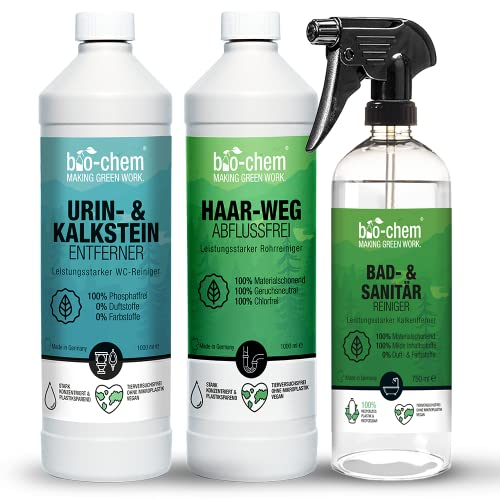 bio-chem Badreiniger Set 3-teilig- 1x Haar-Weg Abflussfrei, 1x Urinsteinentferner, 1x Sanitärreiniger - Effektiver Abflussreiniger, Toilettenreiniger & Kalkentferner für Bad, Dusche, Toilette, WC