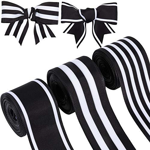 3 Rollos 1,5 Pulgadas Cintas de Grosgrain a Rayas de Navidad 15 Yardas de Ancho Cinta de Tela de Grogrén para Envolver Regalo Fabricación Corona Navideña Manualidad, 3 Estilos (Blanco y Negro)