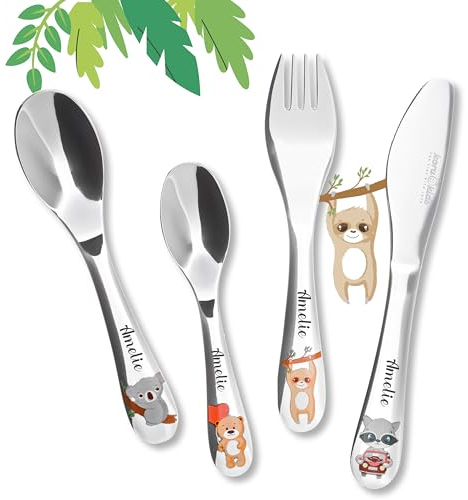 Koru Kids® Kinderbesteck mit Namensgravur Wildlife - 4teilig - Besteck mit Gravur - Kinder Besteckset mit Gravur personalisiert - tolles Taufgeschenk Junge/Mädchen - Besteck mit Namen für Kinder