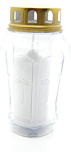 Aries Boutique - Bougie funéraire ronde blanche sans parfum, étui en plastique transparent avec croix et couvercle doré, 18 x 11 x 10 cm