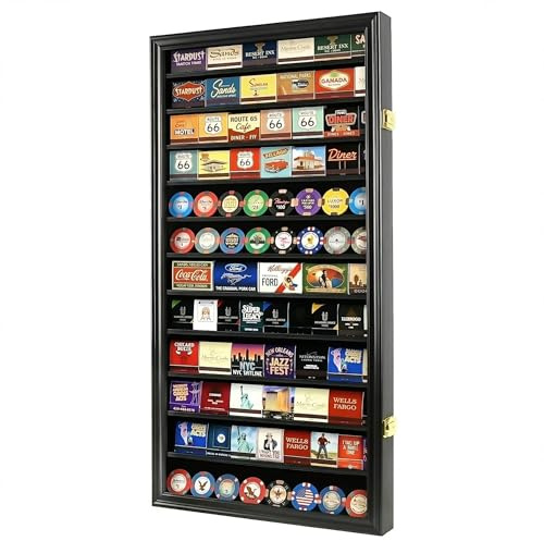 Souvenir Coin Poker Chips Display Case Cabinet Holder Matches Matchbook Display Case Frame Rack Holds up to 117 MatchBooks or Boxes 98% UV Locks (Black Finish)