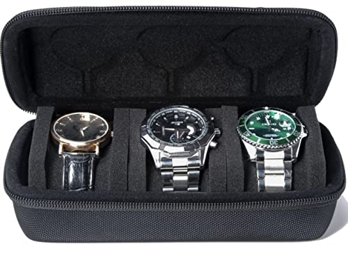 AUKURA 3 Slot Hard Watch Travel Case, Watch Roll Case Storage and Organizer for Men and Women, with anti-move watch pillow (Black fabric 3Slots)