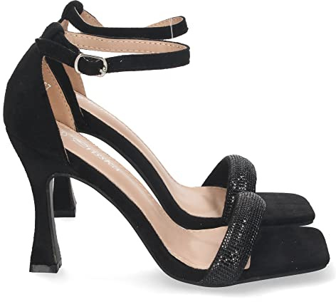 shoes&blues.es 67279-Sandalia de Tacon para Mujer, Comoda, Pala con Strass, y Cierre de Hebilla, Otono Invierno 2022. Talla 38 Negro