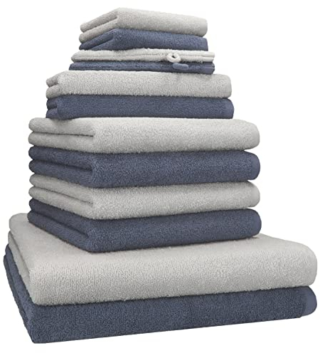 Betz 12 TLG. Handtuch Set Berlin 100% Baumwolle 2 Liegetücher 4 Handtücher 2 Gästetücher 2 Seiflappen 2 Waschhandschuhe Farbe Silbergrau - dunkelgrau