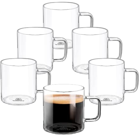 Wilmax Juego de 6 vasos de té y café con asa, 300 ml, vasos para bebidas calientes y frías, tazas de café, copas de vino caliente, vasos de zumo, vasos de agua, tazas de cristal, aptos para