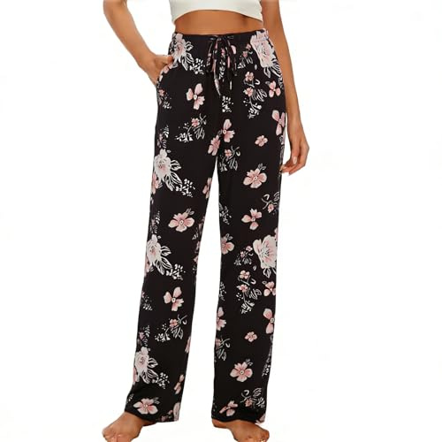 iniber Comfy Pajama Pants for Women, Stretch Drawstring Lounge Pants with Pockets, Soft Casual Loose Yoga Pants Wide Leg Pjs Bottoms