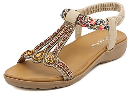 MACHSWON Women's Summer Sandals Casual Comfortable Flip Flops Sparkly Rhinestone Shoes Ankle T-Strap Elastic Back Flat Outdoor Sandals for Women (Beige, Size 5)