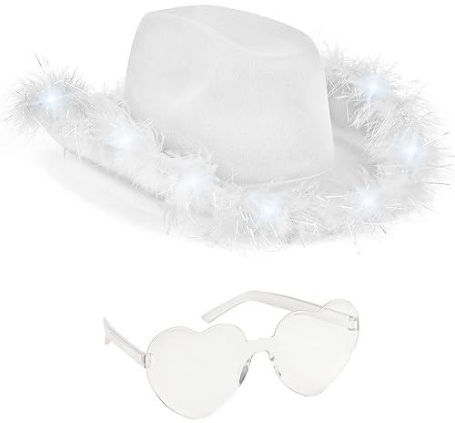 Funcredible White LED Cowboy Hat & Heart Glasses – Light-Up Cowgirl Costume Accessory Set for Festivals, Concerts & Photo Shoots