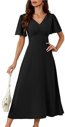 Frauen V-Neck Kleid Cape Ärmel A-Linie Chiffon Kleider Flowy Hochzeit Party Cocktailkleid Retro High Waist Langes Kleid Schwarz XL